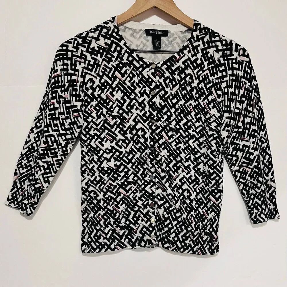 White House Black Market 3/4 Sleeve Black/White Cardigan Size S